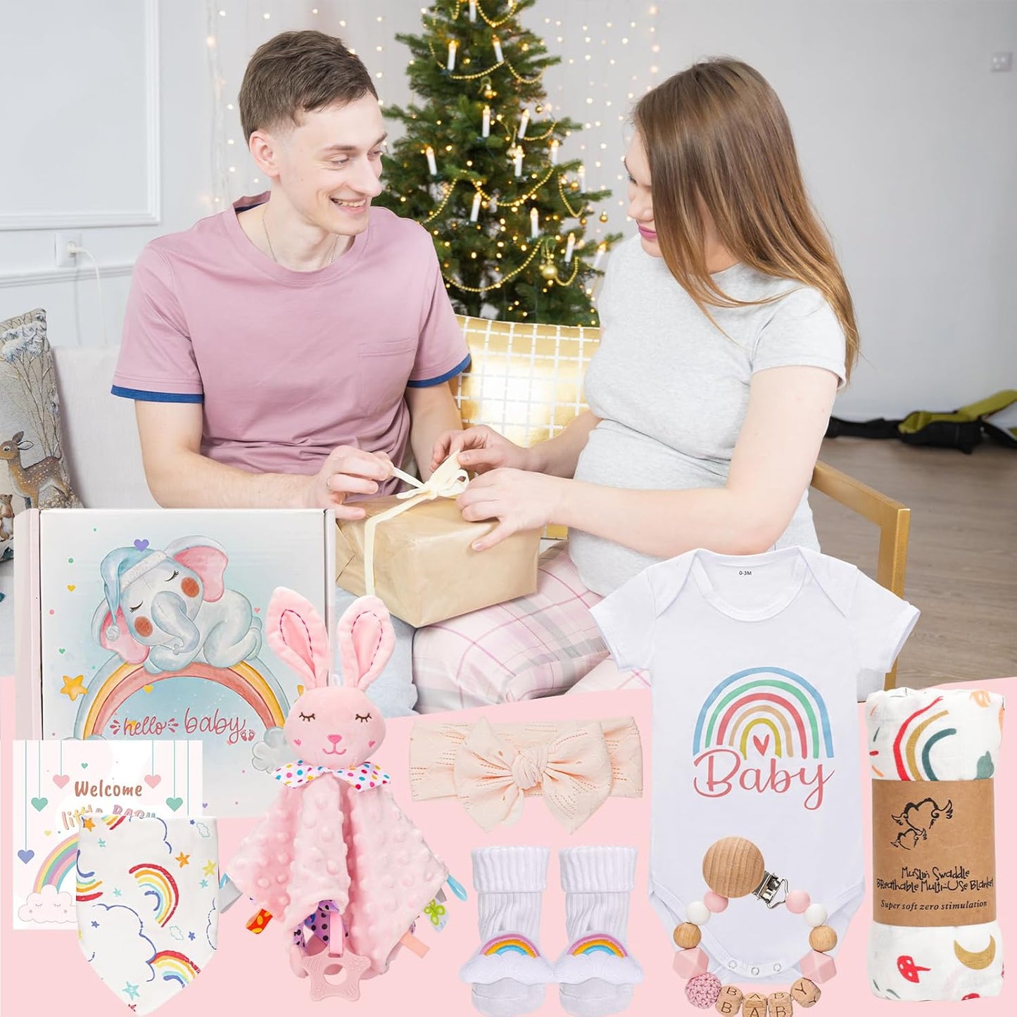 Baby Girl Gifts,New Mom Gifts, for Girls,Unique Baby Gifts Basket Essential Stuff,Gender Reveal Gifts,Onesie,Blanket,Rattle, Socks,Gift Card