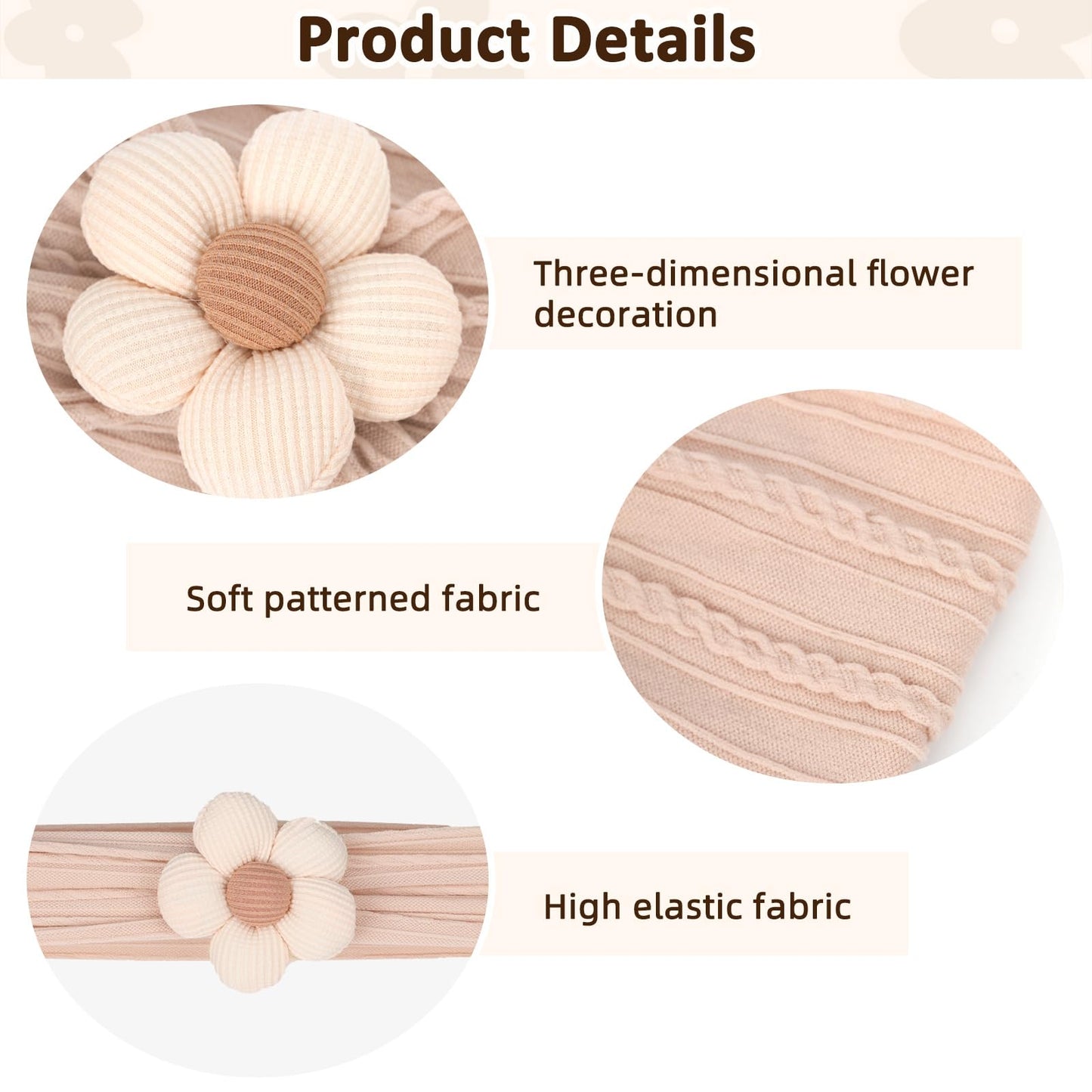 3 Pcs Baby Flower Headbands Baby Girls Nylon Headband Soft Hairbands Hair Accessories for Newborn Infant Toddler Kids (Beige Pink Khaki)
