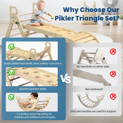 BlueWood Pikler Triangle Set 7-in-1 Foldable Baby Climbing Wooden Toys with Arch&Ramp&Ladder Climber Indoor Jungle Gyms for Toddlers - Rainbow