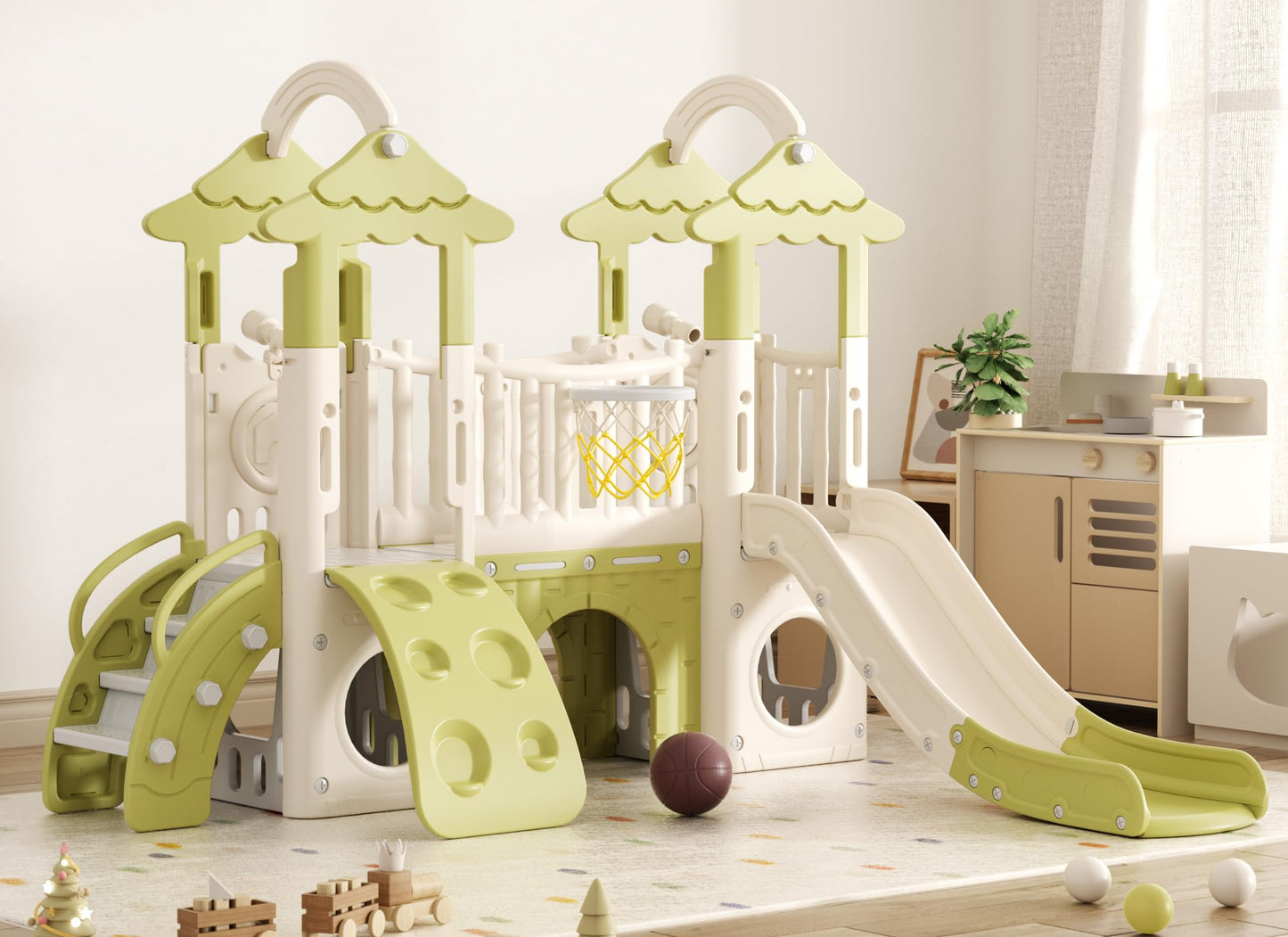KORIMEFA 10-in-1 Toddler Slide, Kid Double Slide for Toddlers Age 1-3, Basketball Hoop, and Telescope, Indoor Outdoor Slide Toddler Playset Toddler Playground, Forest Themed Brown