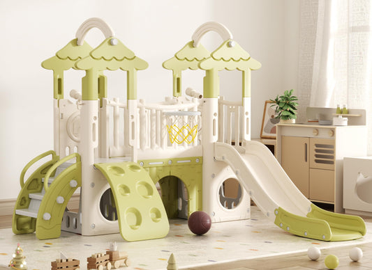 KORIMEFA 10-in-1 Toddler Slide, Kid Double Slide for Toddlers Age 1-3, Basketball Hoop, and Telescope, Indoor Outdoor Slide Toddler Playset Toddler Playground, Forest Themed Brown