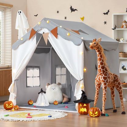 BESREY Kids Play Tent - 2 in 1 with Padded Mat & Lights, Large Playhouse with 2 Doors & 4 Windows, Indoor & Outdoor, Christmas Toddler Play Tent, 51" x 35" x 51