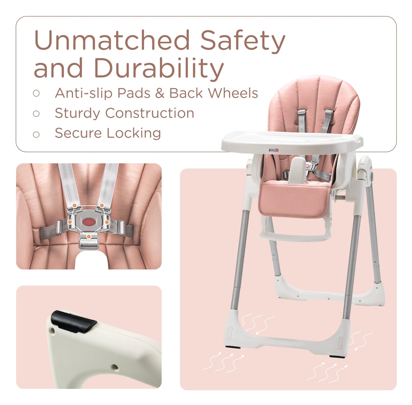 KÜB 3-in-1 Foldable Baby High Chair (Blue) | Multifunctional Infant HighChair for Babies & Toddlers | Removable Seat & Tray for Easy Clean | 7 Height & 4 Recline Adjustable | 2 Locking Wheels | Safe