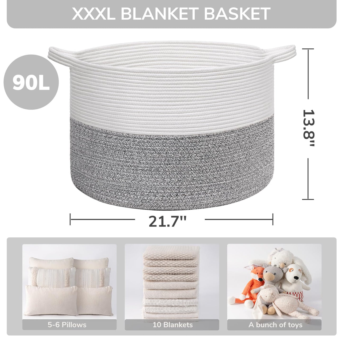 INDRESSME XXXLarge Cotton Rope Basket 21.7" x 21.7" x 13.8" Woven Baby Laundry Blanket Basket Toy Baskets with Handle Storage Comforter Cushions Thread Laundry Hamper