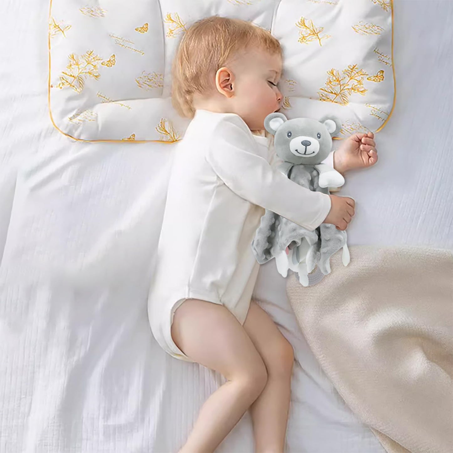 2025 6-in-1 Sensory Baby Security Blanket - Crinkle, Rattle & Teether, Machine-Washable Plush Lovey for Nursery/Stroller, Soft Cuddly Blanket Sleeping Animal for Babies and Toddlers (Grey)