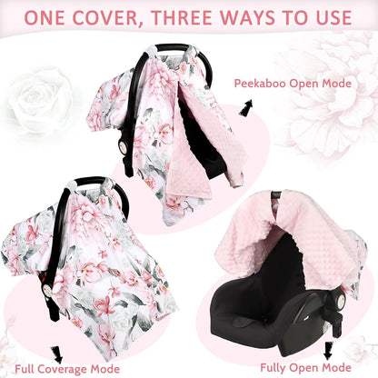 Baby Car Seat Cover, Breathable Infant Carseat Cover for Summer Peekaboo Opening Car Seat Canopy Cover, Nursing Cover for Baby Boys Girls (Flower)