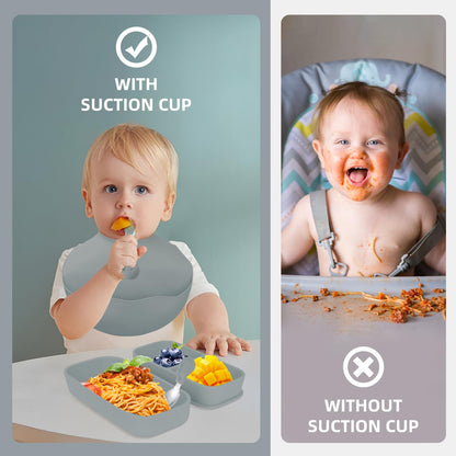 Travel Silicone Baby Feeding Set with 316 Stainless Steel Spoon & Fork ,Silicone Suction Plates, Foldable Bib, Storage Bag - Portable Infant Toddler Utensils, 6-Piece BPA-Free Dishware Kit（gray）