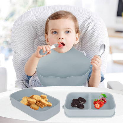 Travel Silicone Baby Feeding Set with 316 Stainless Steel Spoon & Fork ,Silicone Suction Plates, Foldable Bib, Storage Bag - Portable Infant Toddler Utensils, 6-Piece BPA-Free Dishware Kit（gray）