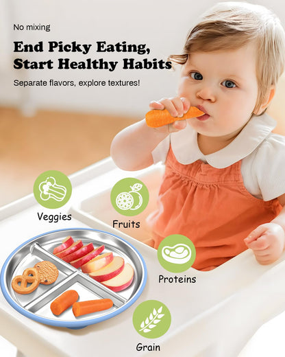 Stainless Steel Baby Plate with Suction, 9” Divided Toddler Plates with Removable Silicone Sleeves for Kids, Non-Toxic Non-Slip Unbreakable Dishwasher Safe Dinnerware Set of 2, Pink & Beige