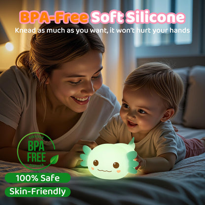 Huggwaii Squishy Axolotl Night Light for Kids – Dimmable Silicone Axolotl Lamp, 2025 Upgraded Baby Night Light, Rechargeable, 20H Battery Life, Sleep Aid Gift for Toddlers, Girls&Room Decor