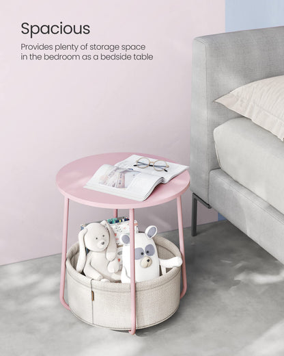 VASAGLE End Table, Small Bedside Table with Fabric Basket, Modern Nightstand, Round Side Table, for Living Room, Bedroom, Matte White and Camel Brown ULET223W10