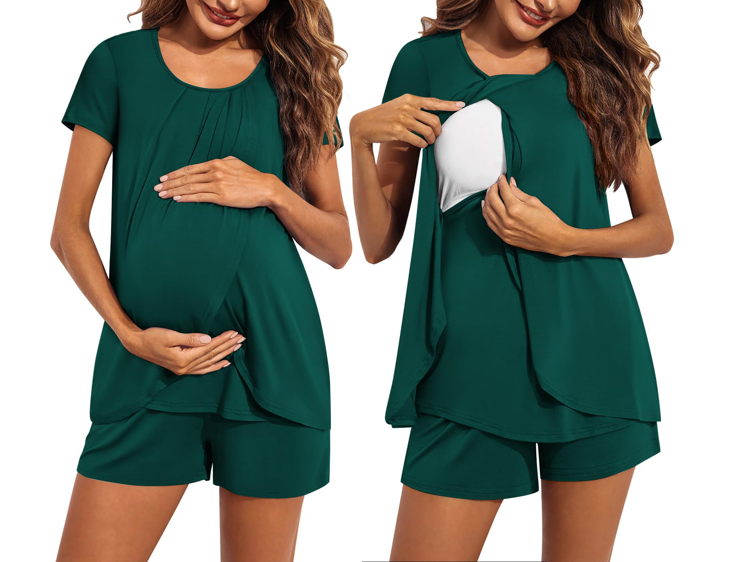 Ekouaer Women's Maternity Nursing Pajamas Set Breastfeeding Sleepwear Double Layer Short Sleeve Top & Shorts Nursing Pjs