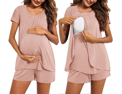 Ekouaer Women's Maternity Nursing Pajamas Set Breastfeeding Sleepwear Double Layer Short Sleeve Top & Shorts Nursing Pjs