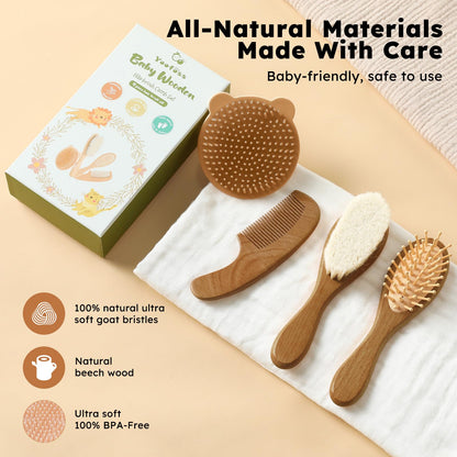 Yoofoss 4 Piece Baby Brush and Comb Set, Wooden Baby Brush with Natural Ultra Soft Goat Hair, Baby Hair Brush for Newborn, Baby Brush Set for Boy Girl