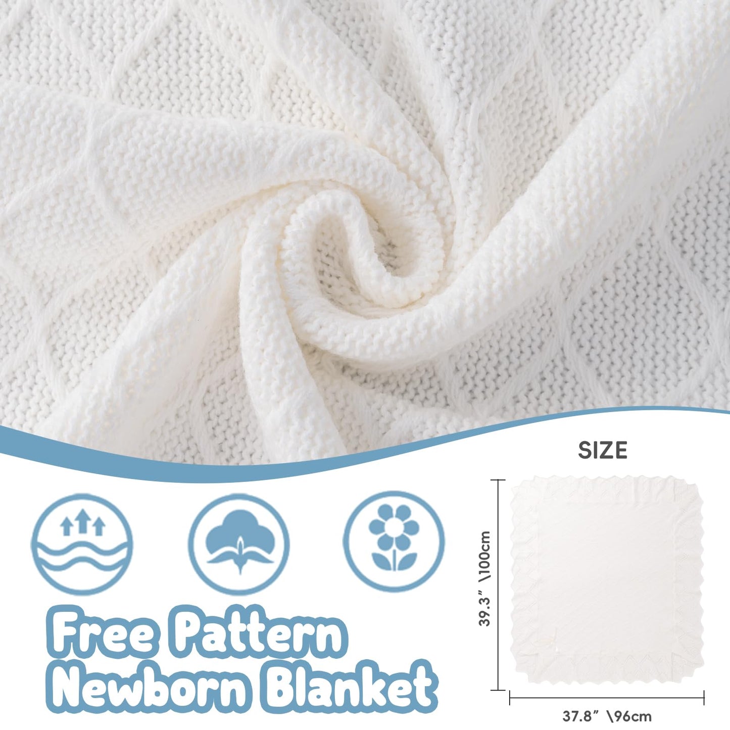 Booulfi Knit White Baby Blankets Neutral,Crib Stroller Newborn Blankets for Boys Girls,Cotton Lace Crochet Winter Blanket Nursery Blanket New Baby Essentials, 38X39