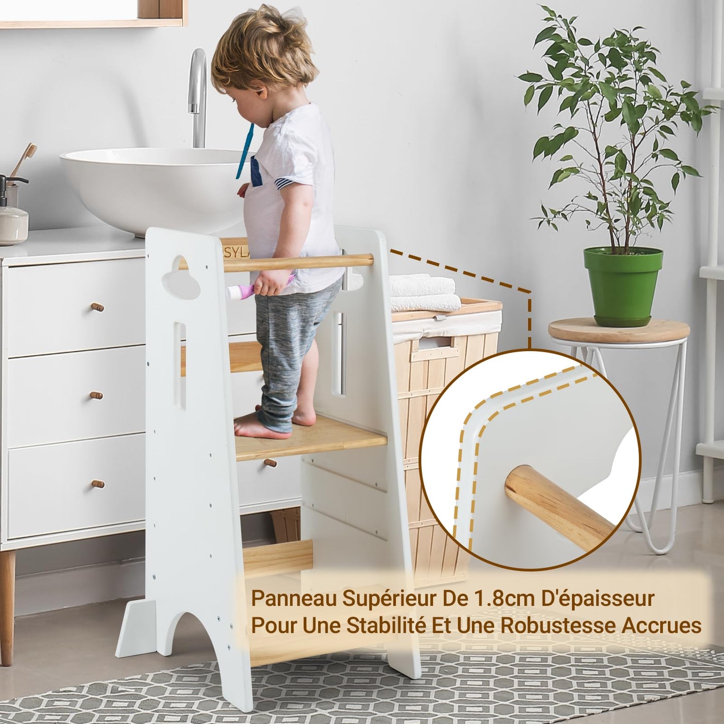 COSYLAND Toddler Standing Tower Adjustable Height - Super Stable Kids Kitchen Stool Helper - 3 Levels Adjustable Wooden Toddler Kitchen Stool (Natural & Navy Blue)