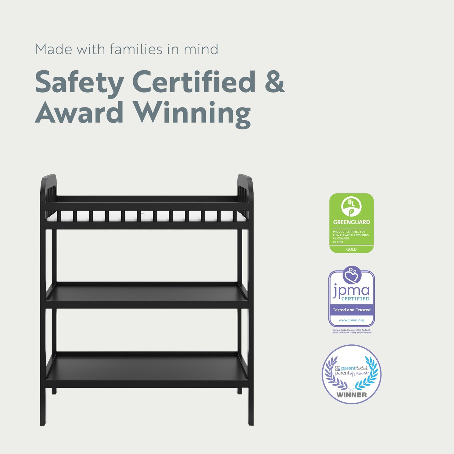 Storkcraft Pasadena Changing Table with Water-Resistant Changing Pad (Driftwood) - GREENGUARD Gold Certified, Includes Bonus Water-Resistant Changing Pad with Safety Strap, 2 Open Shelves