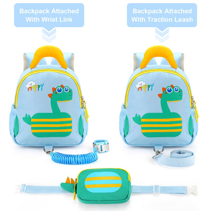 Accmor Toddler Leash Backpack with Anti Lost Wrist Link, Cute Dinosaur Bag Children Safety Walking Harness with Removable Little Pouch, Kids Travel Essential Mini Back Pack with Tether for Baby Boys