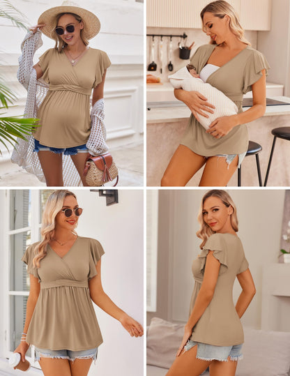 Ekouaer Maternity Shirts 3 Packs Flying Short Sleeve Nursing Tops Pregnancy Clothes