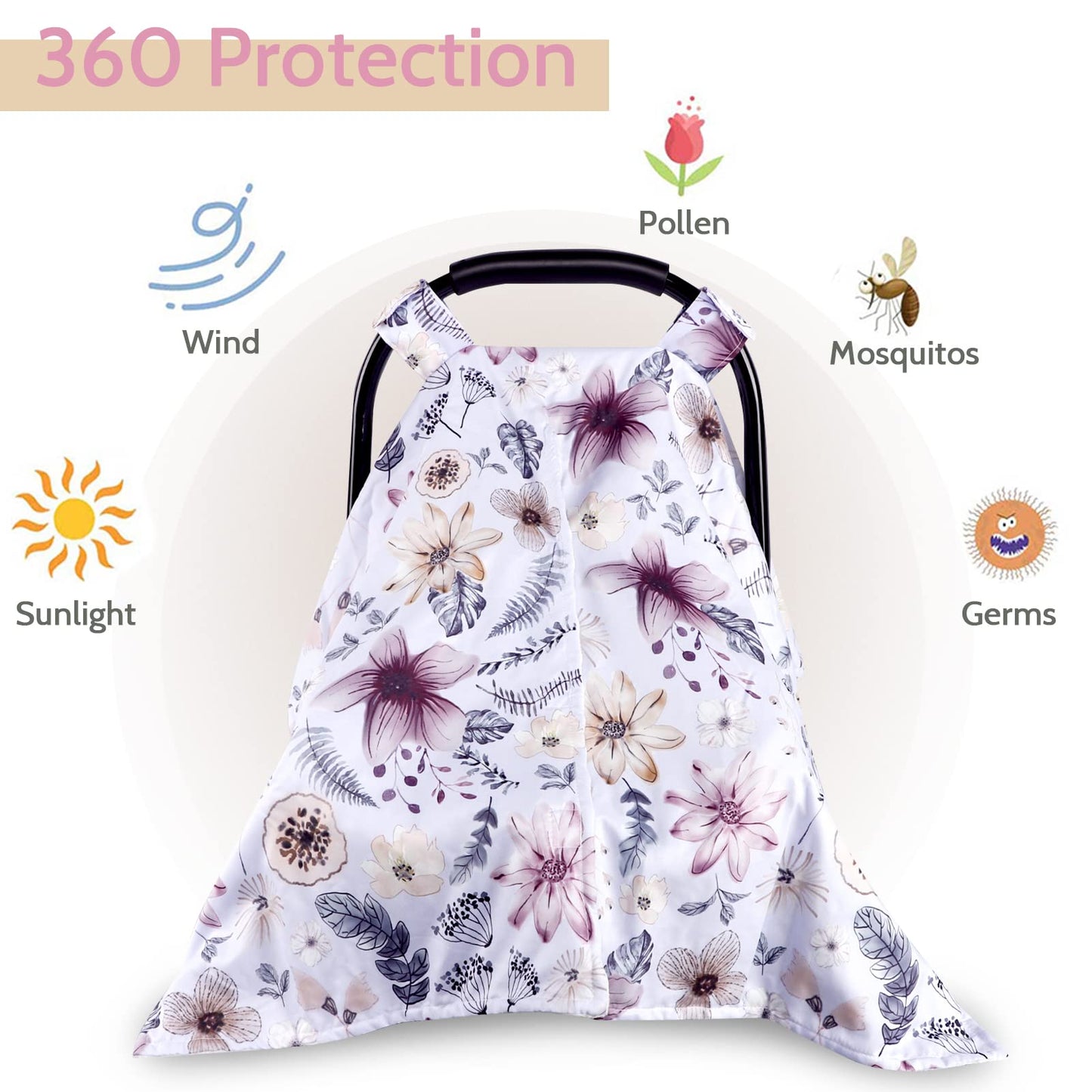 Baby Car Seat Cover, Peekaboo Opening Spring Car Seat Canopy for Baby Girls Boys, Mom Nursing Breastfeeding Covers, Blanket for Infant, Pink Watercolor Flower