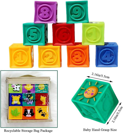 Kingtree Baby Blocks, 9PCS Soft Squeeze Building Blocks Stacking Toys for 6+ Months Babies, Baby Teething Chewing Educational Blocks Set with Numbers Animals Shapes Textures