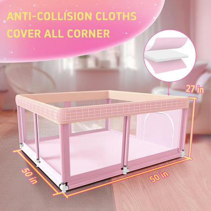 50" ×50" Baby Playpen, Baby Play Pen for Babies and Toddlers, Baby Playard for Indoor & Outdoor, Sturdy Safety Play Yard with Soft Breathable Mesh, Anti-Fall, Pink