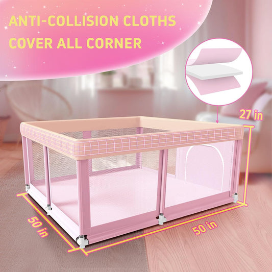 50" ×50" Baby Playpen, Baby Play Pen for Babies and Toddlers, Baby Playard for Indoor & Outdoor, Sturdy Safety Play Yard with Soft Breathable Mesh, Anti-Fall, Pink