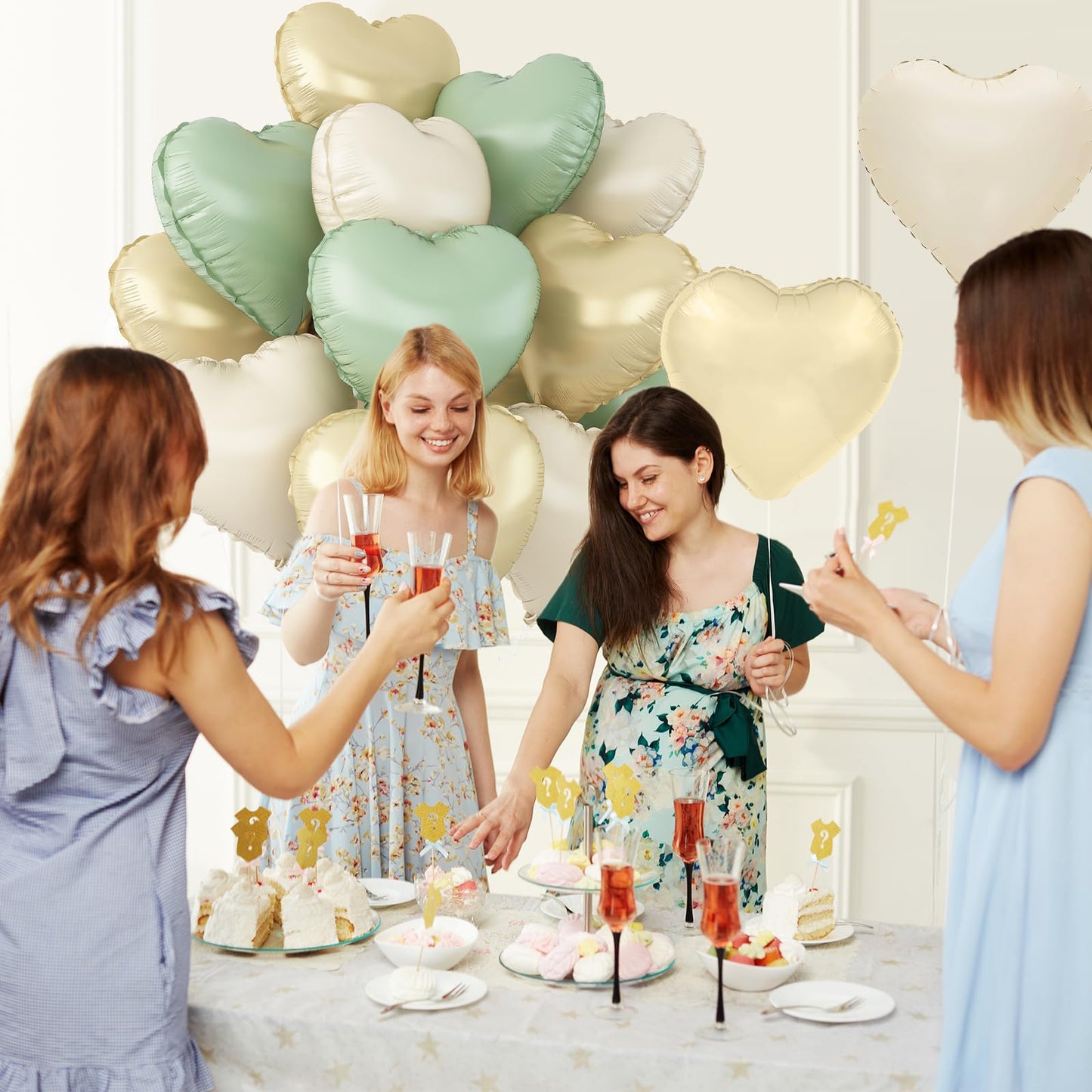 Sage Green Gold Heart Balloons,12Pcs Light Gold Heart Shaped Foil Balloons,18Inch Cream White Helium Mylar Balloon for Baby Shower Birthday Anniversary Wedding Party Decorations