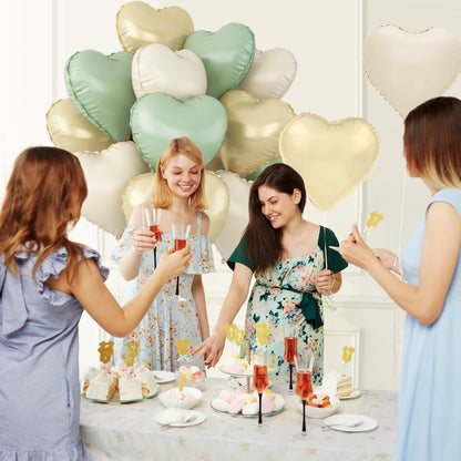 Sage Green Gold Heart Balloons,12Pcs Light Gold Heart Shaped Foil Balloons,18Inch Cream White Helium Mylar Balloon for Baby Shower Birthday Anniversary Wedding Party Decorations