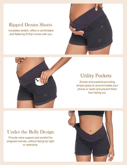 HOFISH Women's Maternity Jeans Shorts Over The Belly Stretchy Comfy Denim Shorts Pants Casual Workout Pregnancy Shorts