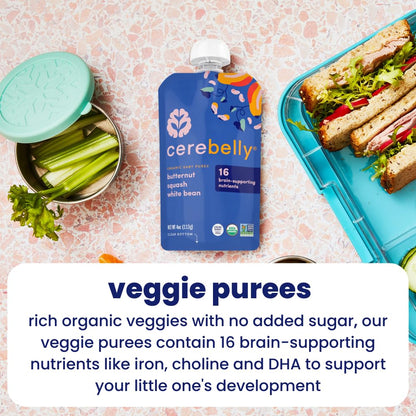 Cerebelly Organic Baby Food Pouches Variety Pack – Organic Veggie Purees for Toddlers | No Added Sugar, Fiber, Non-GMO | Blended Toddler Pouches | 4 Ounce BPA-Free Pouch | 4 Flavors | 8 Count