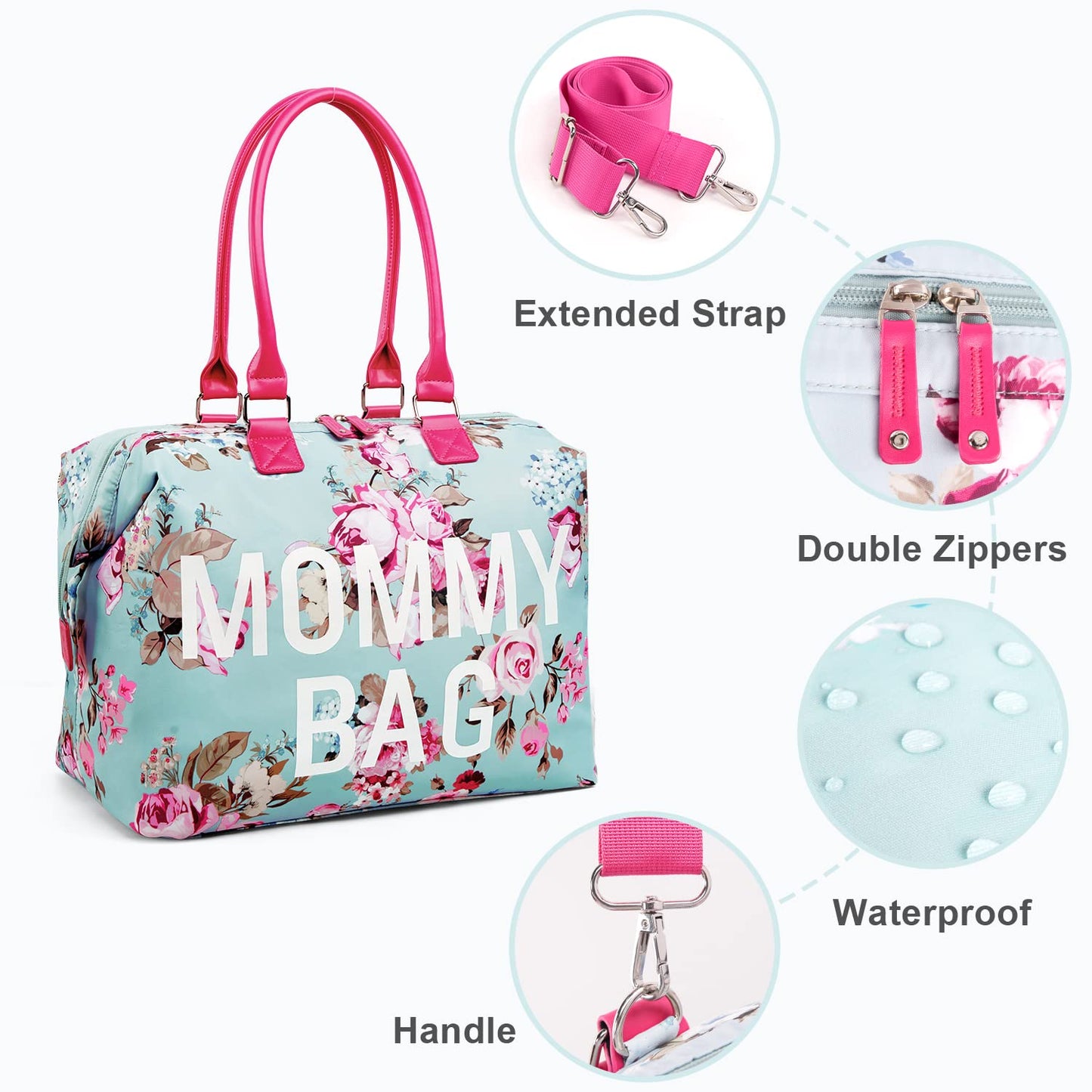 LitBear Mommy Bag for Hospital, Hospital Tote for Labor and Delivery, Large Capacity Waterproof Mommy Organizer, Multifunction Overnight Tote for Women, Mom Bag with Straps (Blue Floral)
