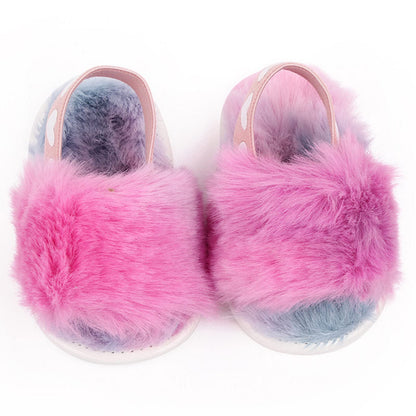 2 Pack Infant Baby Girls Sandals Elastic Back Strap Flats Slippers Soft Toddles Princess Shoes Faux Fur Slides Shoes First Walker House Shoes