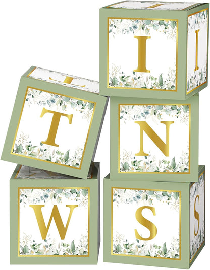 Marspark 5 Pcs Twins Baby Shower Boxes Decorations Supplies Sage Green Baby Boxes for Twins Balloon Boxes Gender Reveal Baby Shower Birthday Party Favors