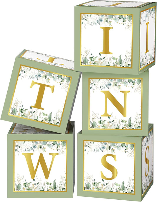 Marspark 5 Pcs Twins Baby Shower Boxes Decorations Supplies Sage Green Baby Boxes for Twins Balloon Boxes Gender Reveal Baby Shower Birthday Party Favors