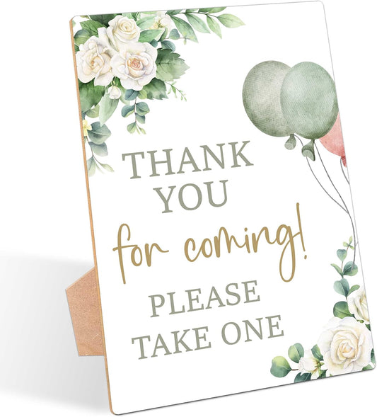 Sage Green Baby Shower Table Sign, Thank You For Coming Sign, Pack of 1 Wooden Tabletop Sign with Stand, Greenery Balloons Baby Shower Supplies, Gender Reveal Party Decorations - RG06