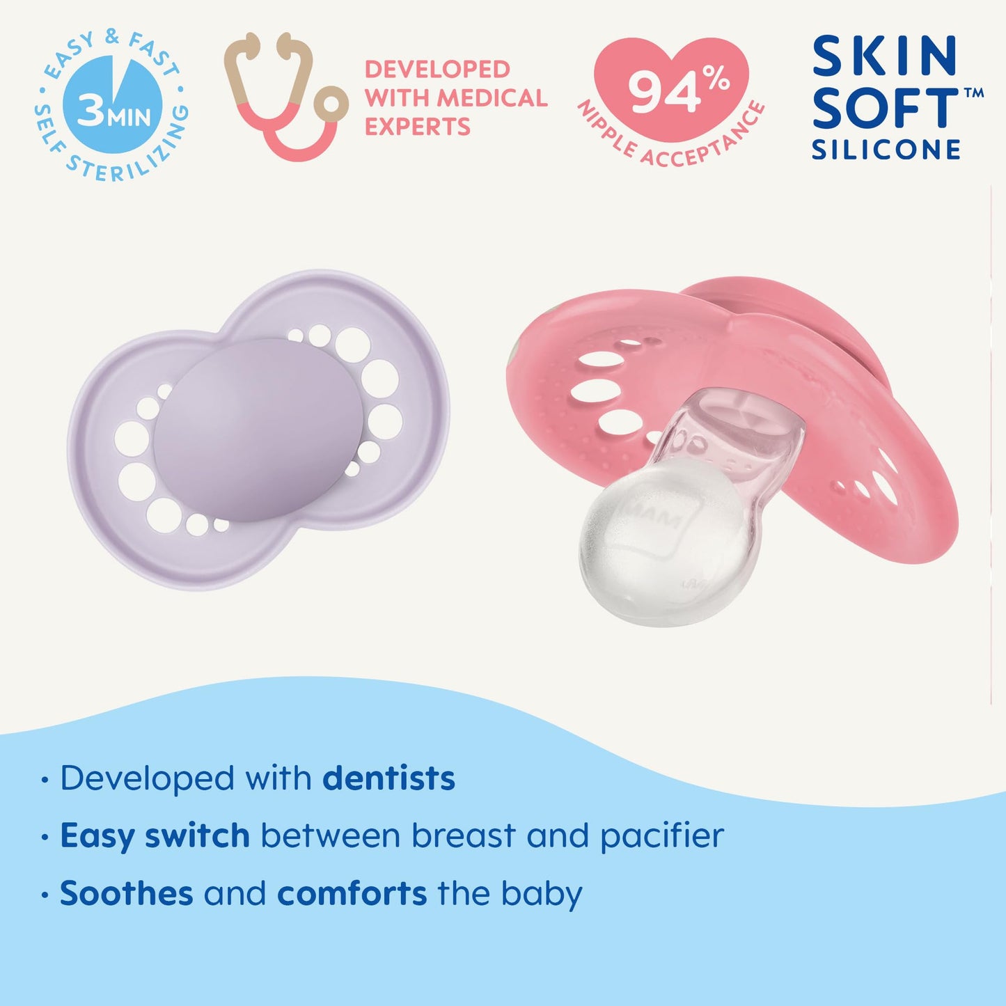 MAM Original Matte Baby Pacifiers, Binky for 6-16 Months, BPA-Free Silicone Nipple, Easy to Clean, Best for Breastfed Babies, Developed with Medical Experts, 2 Count Binkies with Sterilizer Case