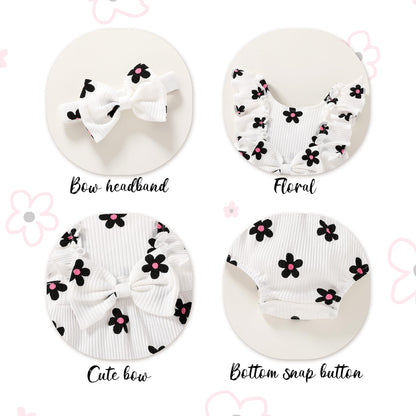 YOUNGER TREE Newborn Baby Girl Clothes Ruffle Sleeve Rompers Infant Backless Floral Jumpsuit Summer Outfits with Headband