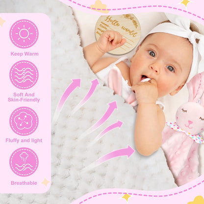 Baby Gift Basket, Newborn Baby Boy Gift Basket, Multiple Pieces Newborn Essentials for New Baby Gifts Basket Set with Baby Blanket, Baby Bunny Rattle, Keepsake Milestone, Elephant Toy, Baby Socks