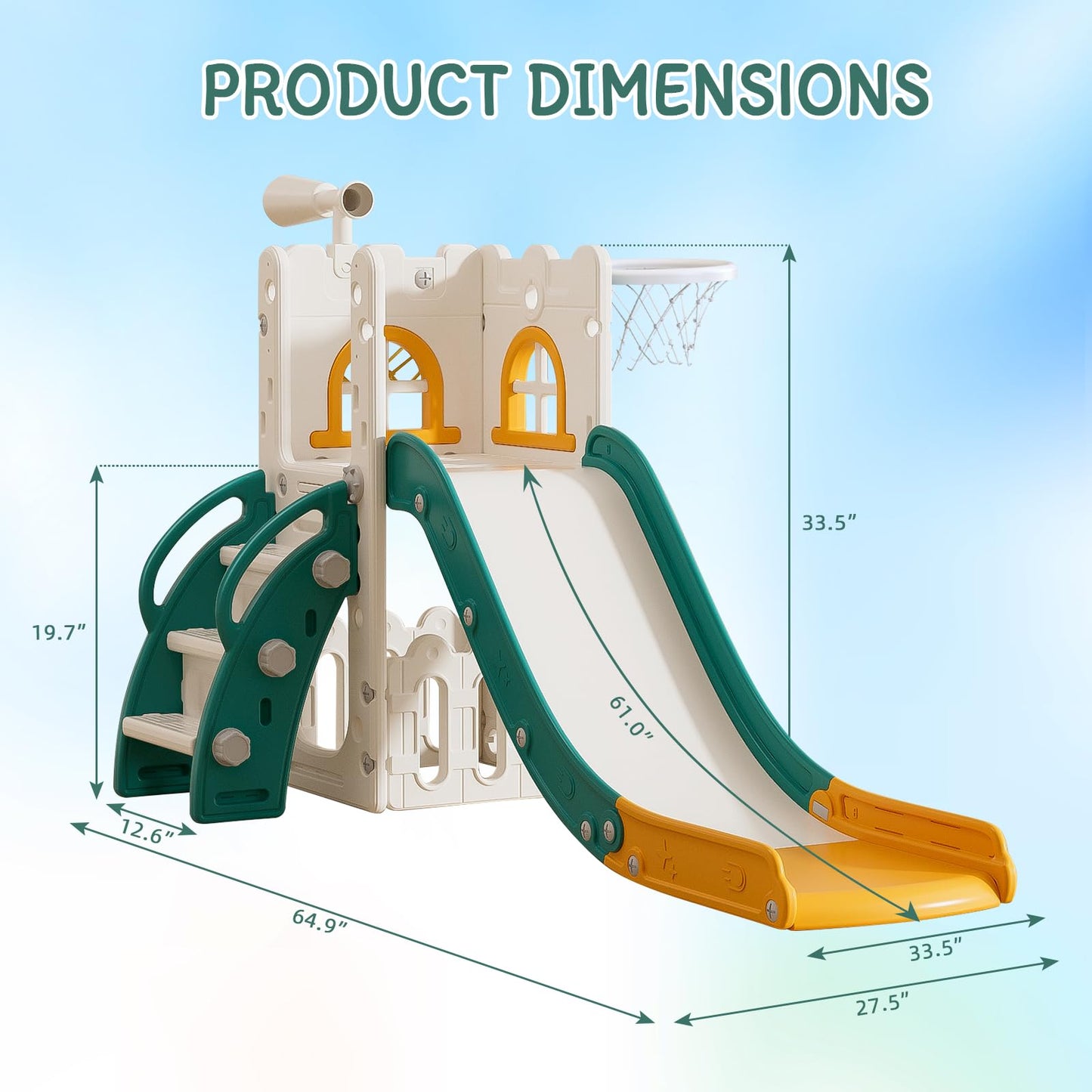 6 in 1 Toddler Slide for Toddler Age 1-3,Kids Climber Slider for Indoor Outdoor Playground with Basketball Hoop,Storage and Telescope,L Shaped Slide for Toddler Climber Playset