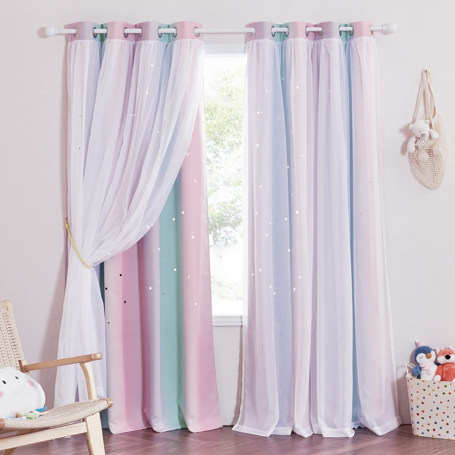 NICETOWN Nursery Curtains for Kids, Farmhouse Blackout Curtain Panels for Bedroom, Double Layer Star Hollow-Out Grommet Aesthetic Living Room Toddler Window Curtains, 2 Pcs, W52 x L84, Biscotti Beige