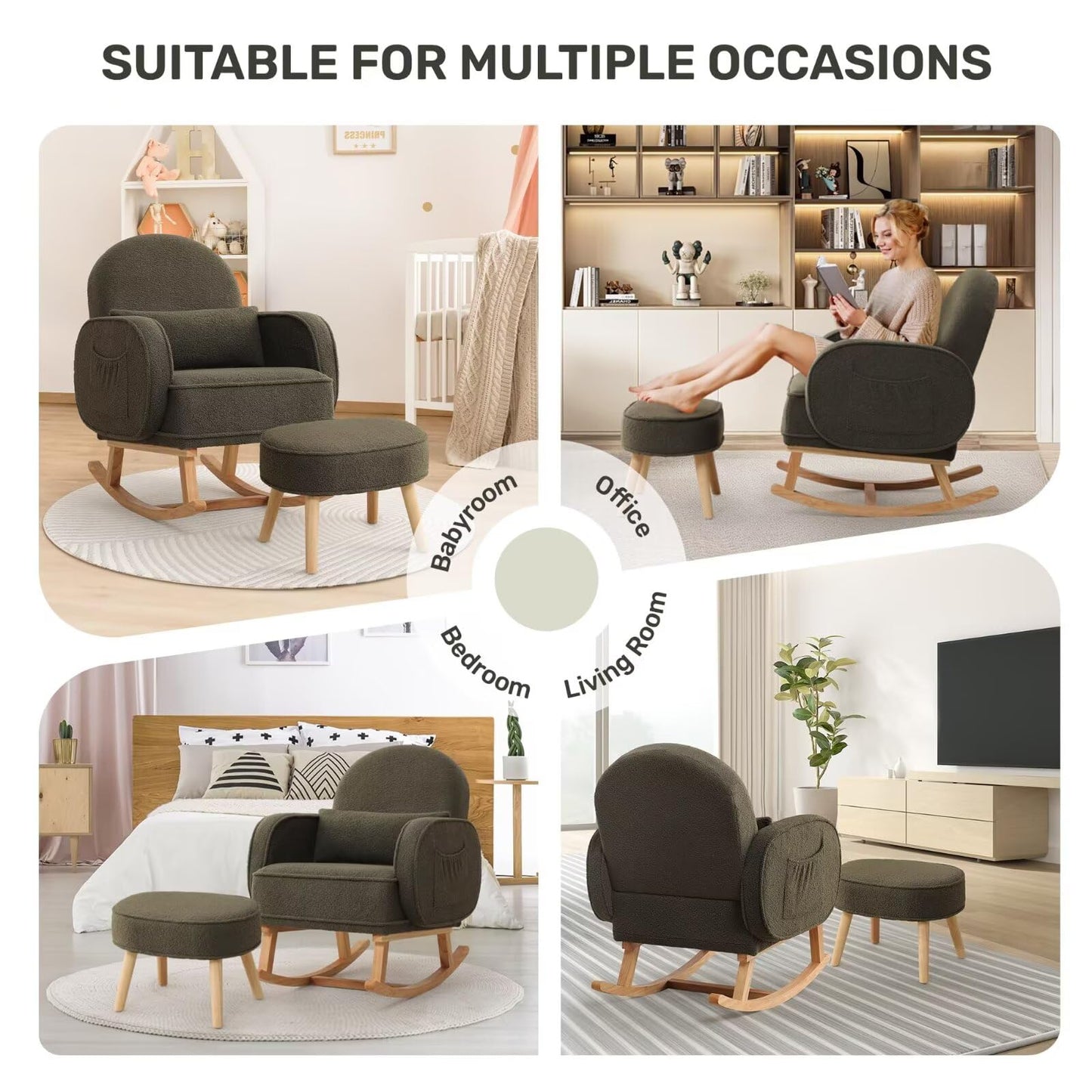 Rocking Chair with Ottoman, Upholstered Glider Rocker with High Backrest and Side Pocket, Rocking Accent Armchair with Solid Wood Legs for Nursery, Living Room, Bedroom Green