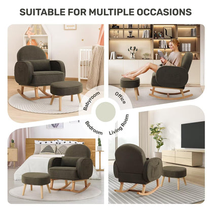 Rocking Chair with Ottoman, Upholstered Glider Rocker with High Backrest and Side Pocket, Rocking Accent Armchair with Solid Wood Legs for Nursery, Living Room, Bedroom Green