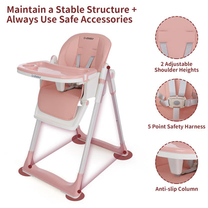 3-in-1 Foldable High Chair for Babies & Toddlers – Adjustable Height, Reclining Seat, 5-Point Safety Harness, Removable Tray, Lockable Wheels and Washable Cushion, Beige