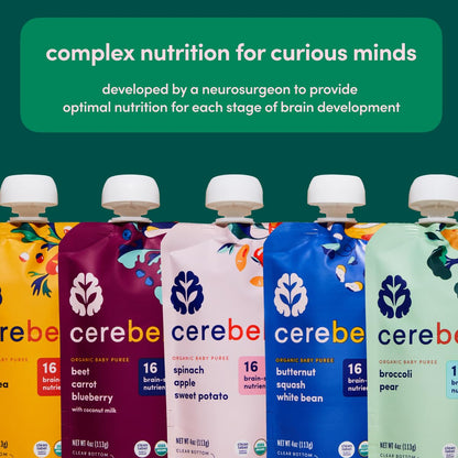 Cerebelly Organic Baby Food Pouches Variety Pack – Organic Veggie Purees for Toddlers | No Added Sugar, Fiber, Non-GMO | Blended Toddler Pouches | 4 Ounce BPA-Free Pouch | 4 Flavors | 8 Count