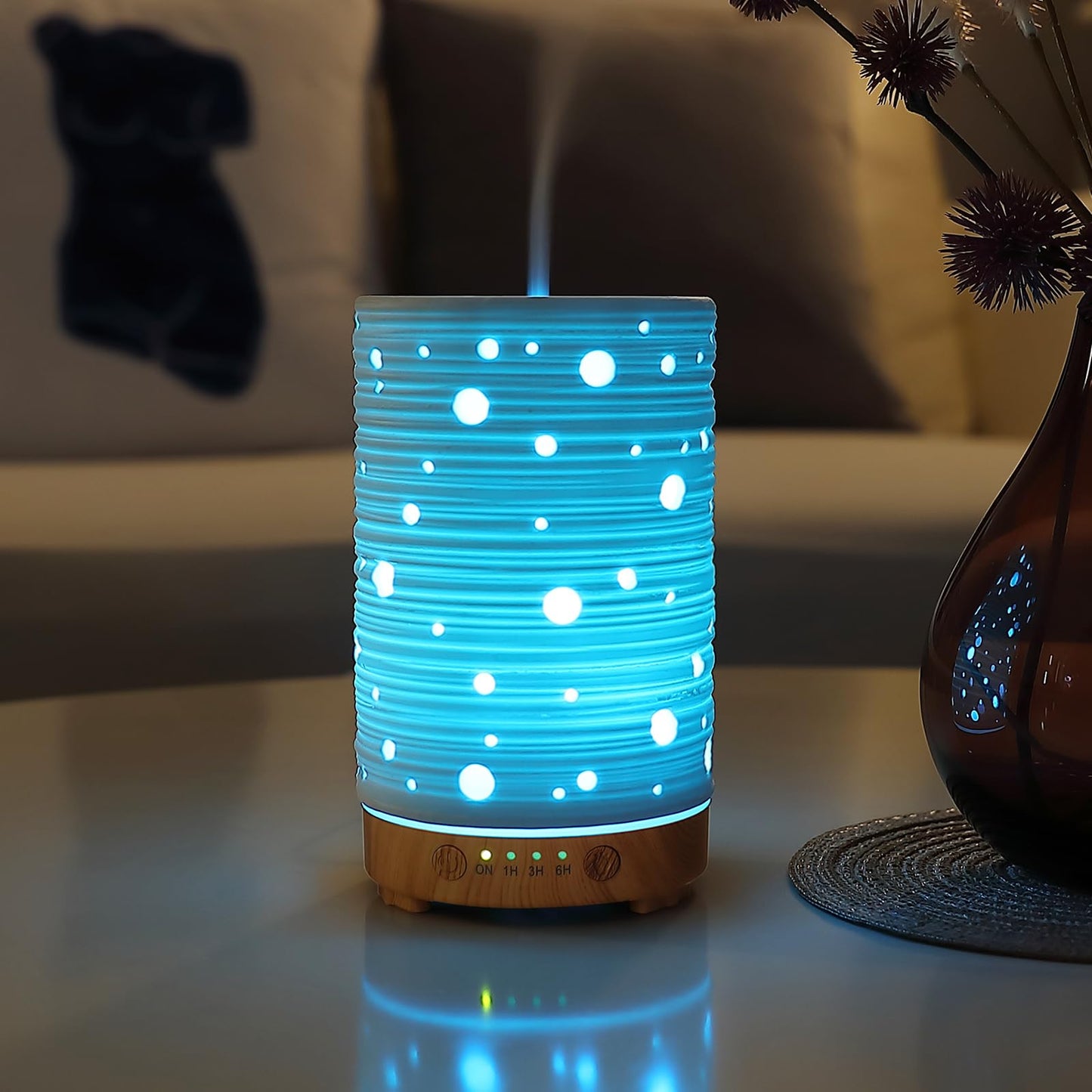 Essential Oil Diffuser Hand Blown Glass Aromatherapy Diffuser - Ultrasonic Cool Mist Scent Aroma Diffuser, Whisper Quiet with Auto Shut-Off, Timer Setting &7 Colors Night Light for Home