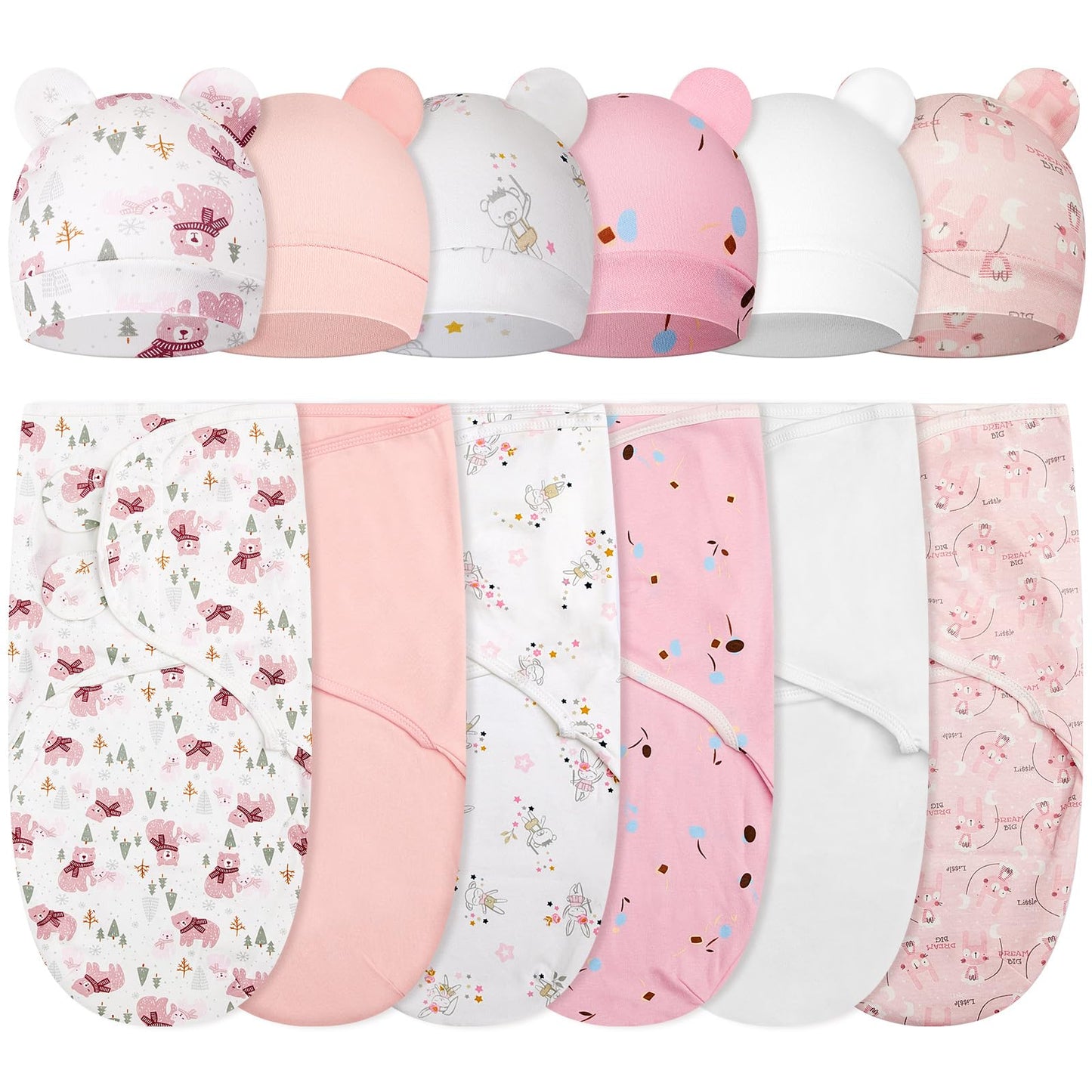 Ramede 6 Pack Baby Swaddle Blanket with Hats Sleep Swaddle for 0-3 Months Newborn Sacks Soft Cotton Wearable for Boy Girl