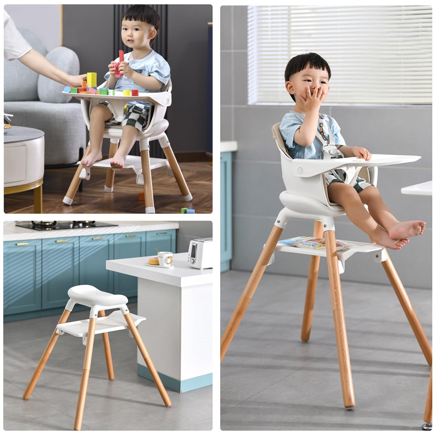 Baby High Chair, 6 in 1 Wooden Convertible High Chairs for Babies and Toddlers, Booster Seat with Double Tray & Reversible Footrest, 5-Point Harness Infants Feeding Seat, Black