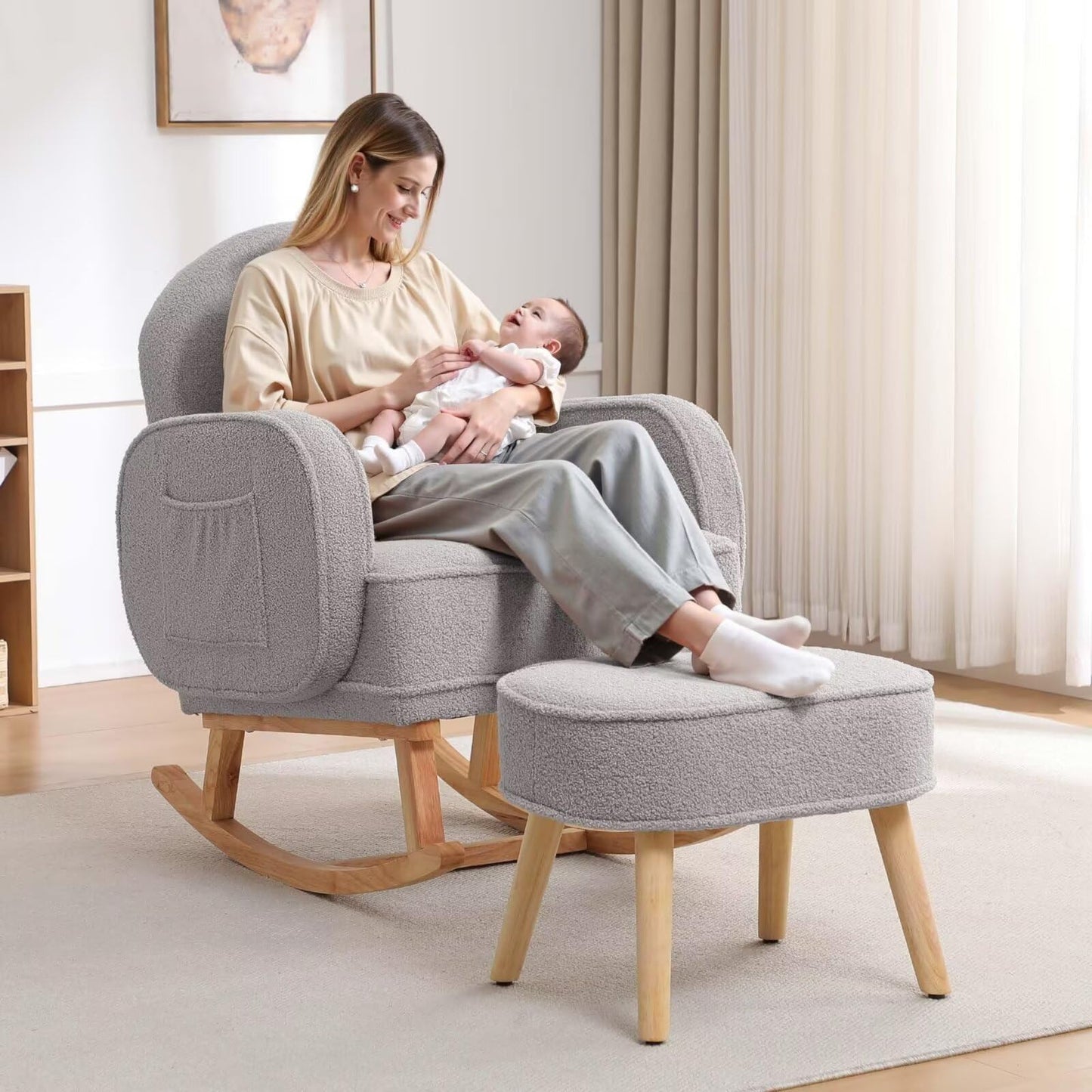 Rocking Chair with Ottoman, Upholstered Glider Rocker with High Backrest and Side Pocket, Rocking Accent Armchair with Solid Wood Legs for Nursery, Living Room, Bedroom Green