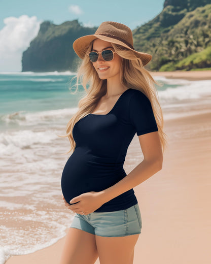 Huukeay 4 Pack Women's Maternity Shirts Cotton Ribbed Short Sleeve Square Neck Pregnancy Tops Side Ruched Summer Tee